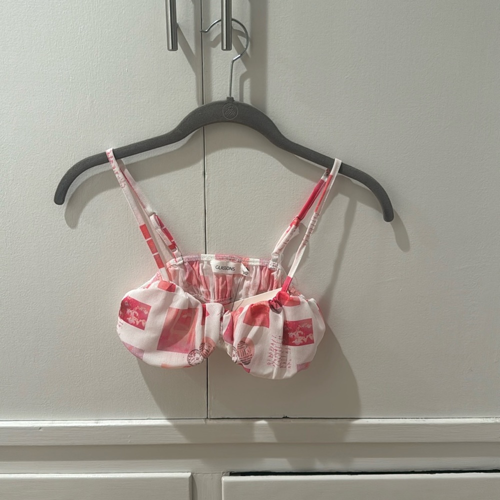 Glassons PRINT RUCHED SUPER CROP TOP in pink postcards size xs